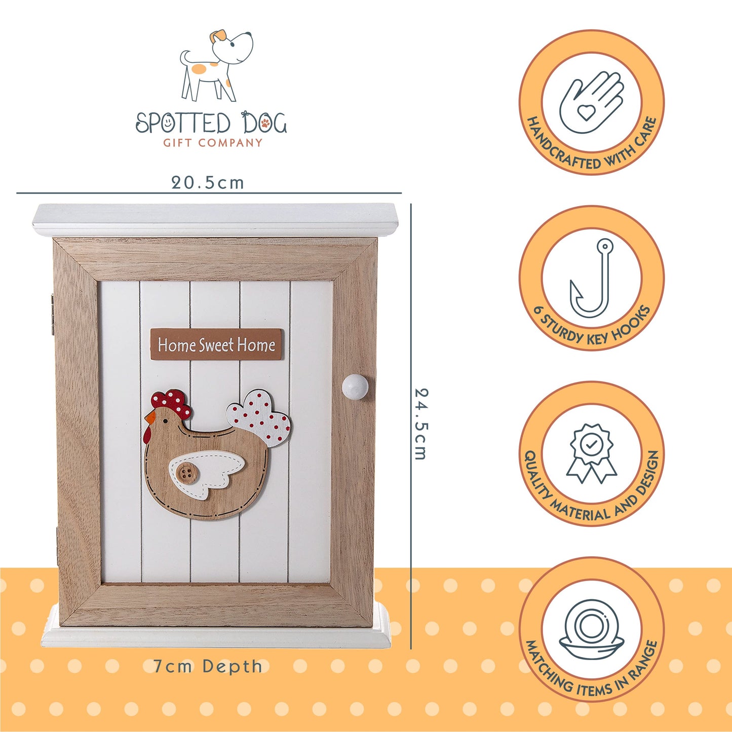 SPOTTED DOG GIFT COMPANY Key Box Wall Mounted Wooden Key Cupboard Cabinet with 6 Hooks for Hallway, Decorative Chicken Themed Home Décor
