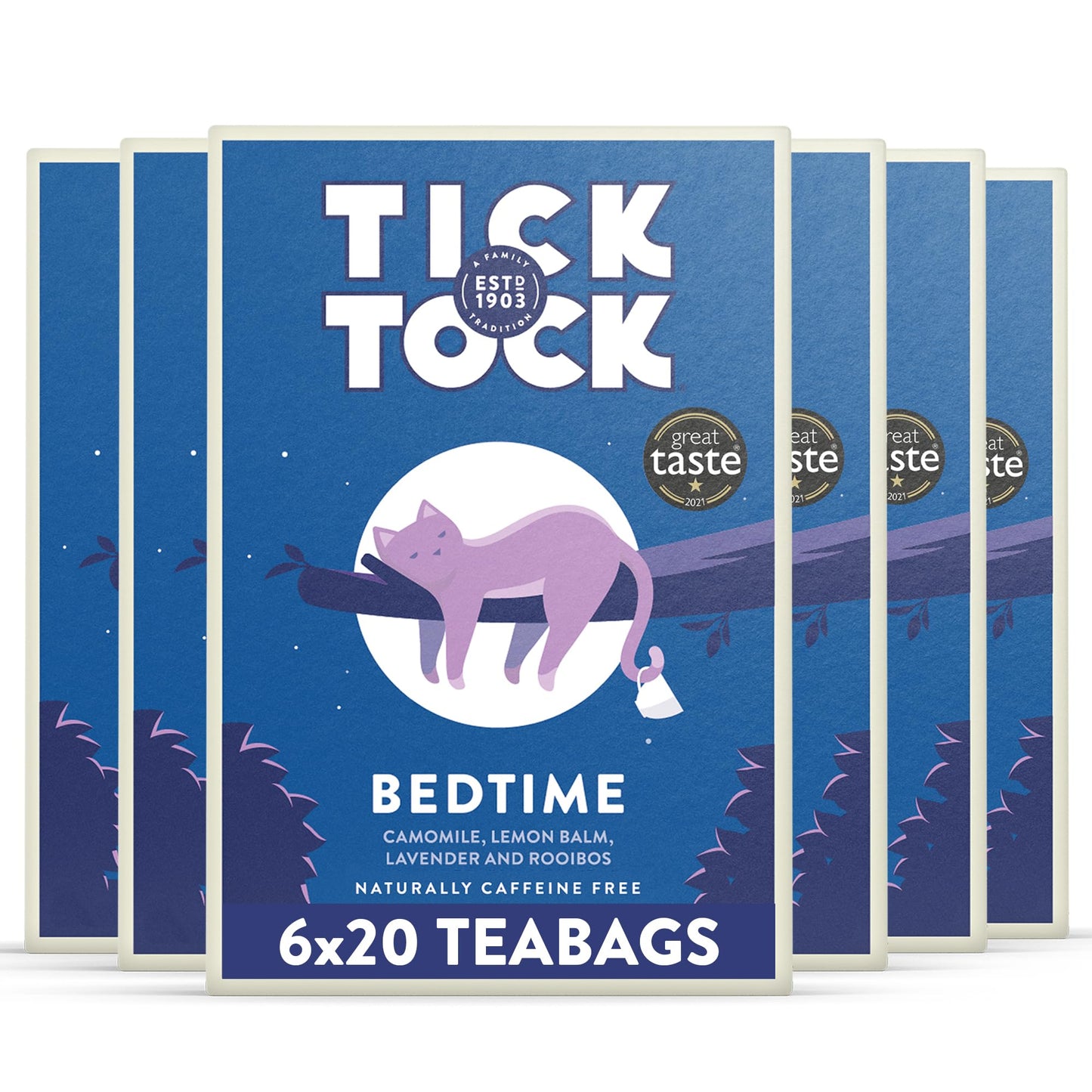 Tick Tock Wellbeing Bedtime Tea | Caffeine-Free Camomile, Lemon Balm, Lavender & Rooibos Tea | Naturally Calming Herbal Tea | Sleep Tea Bags | Sleep