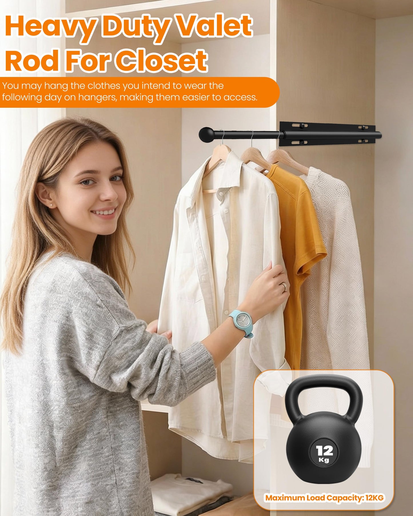 Widyana Telescopic Wardrobe Rail | Extendable Valet Rod for Clothes (12”) | Adjustable Pull-Out Hanging Rail for Suits & Next-Day Outfits, Black