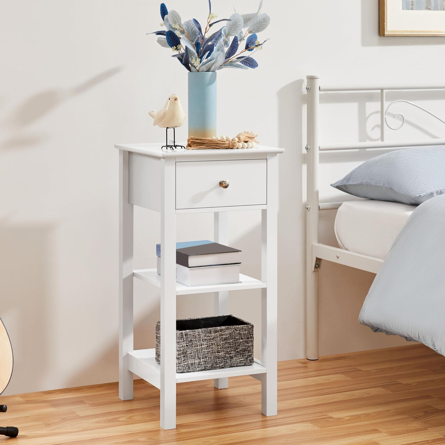Yaheetech Bedside Table with Drawer and 2 Open Shelves, White