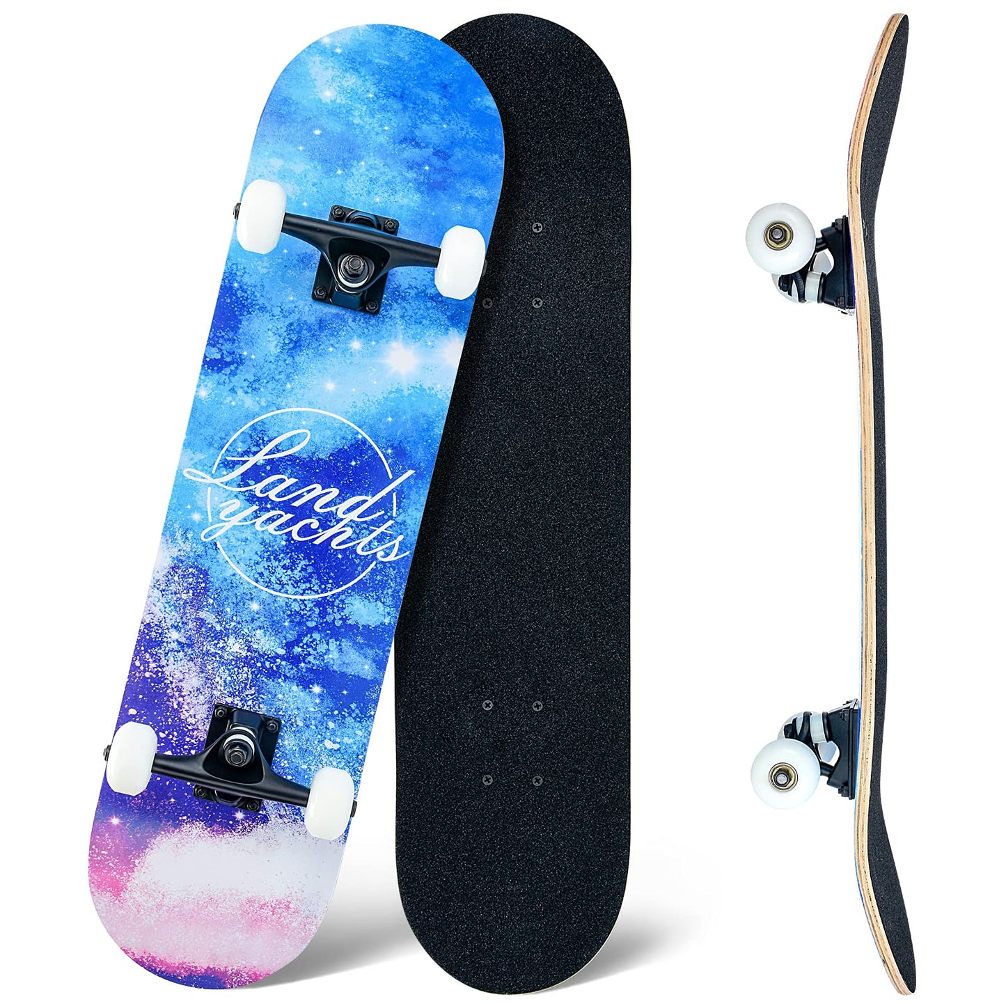 Skateboard,31 x 8 Inch Complete Skateboard, 8-Layer Maple Wood Deck Double Kick Standard Skateboards for Kids, Teens, Adult, Beginner (Sky)