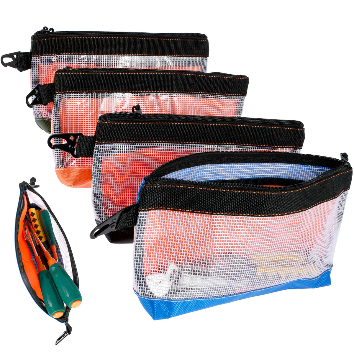 4Pcs Clear Tool Pouch Waterproof Oxford Cloth Small Tool Bag 27x16.5cm Anti-Static Tool Storage with Zipper &Carabiner,Heavy Duty Utility Accessories