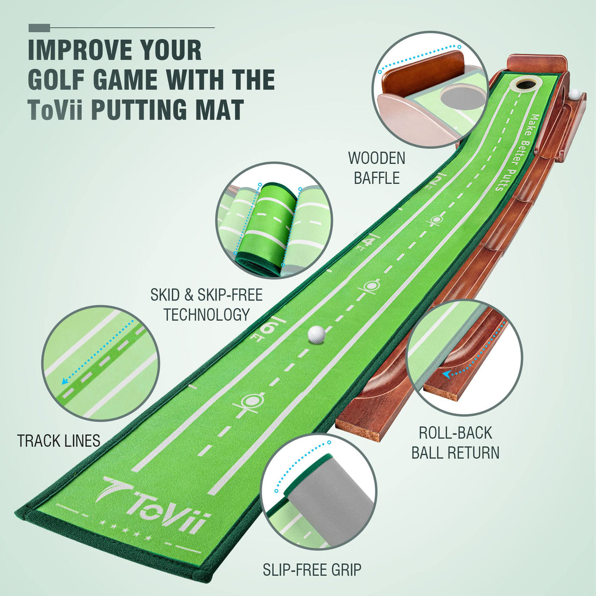 ToVii Putting Green - Indoor/Outdoor Golf Practice Mat with Auto Ball Return, 3 Holes