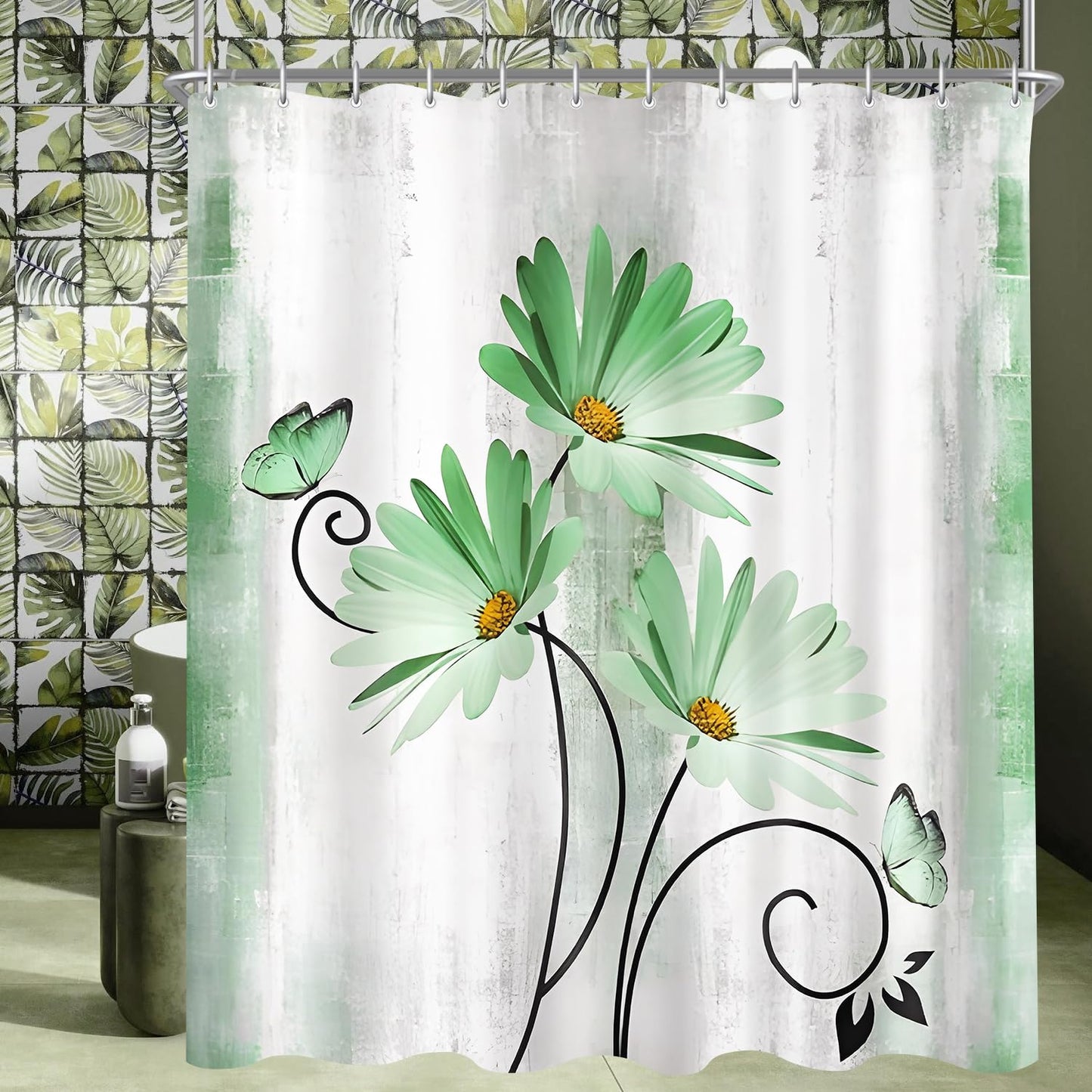 Shower Curtain, 180 x 200 cm, Green Daisies Butterflies Motif, Weighted Hem, Anti-Mould, Water-Repellent