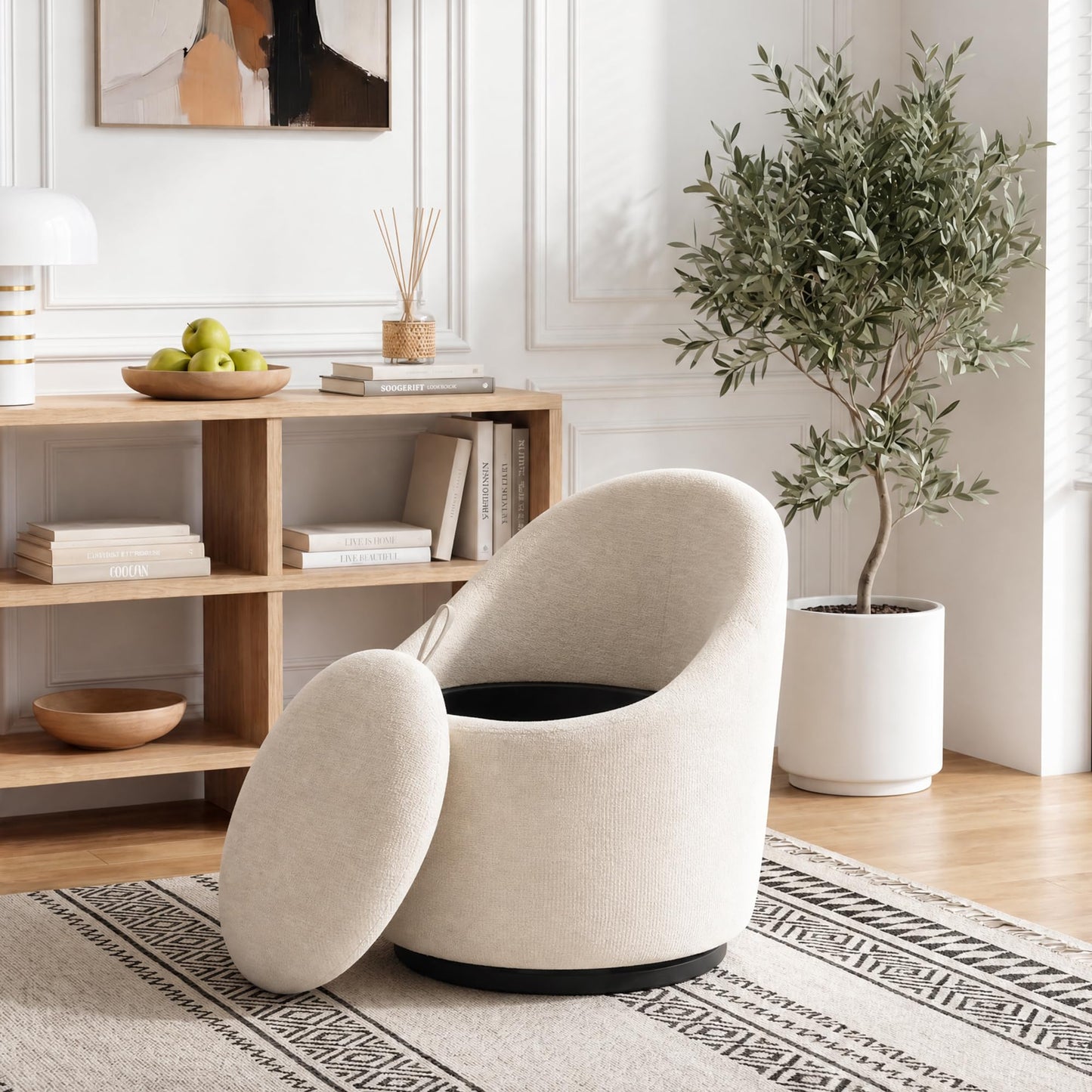 Barrel Swivel Accent Chair with Hidden Storage, 360° Rotating Lounge Chair, Upholstered Breathable Fabric, High Density Foam Seat