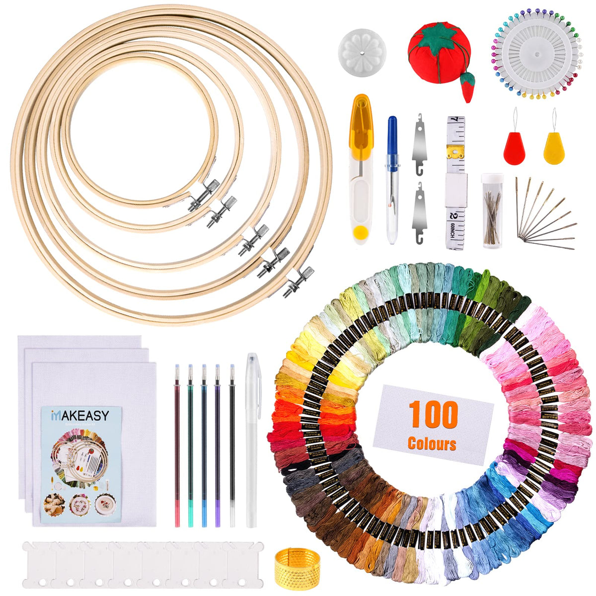 MAKEASY Embroidery Starter Kit 205PCS, Cross Stitch Kits with 100 Colors Embroidery Threads, 3PCS Aida Fabric, 5PCS Bamboo Embroidery Hoops,
