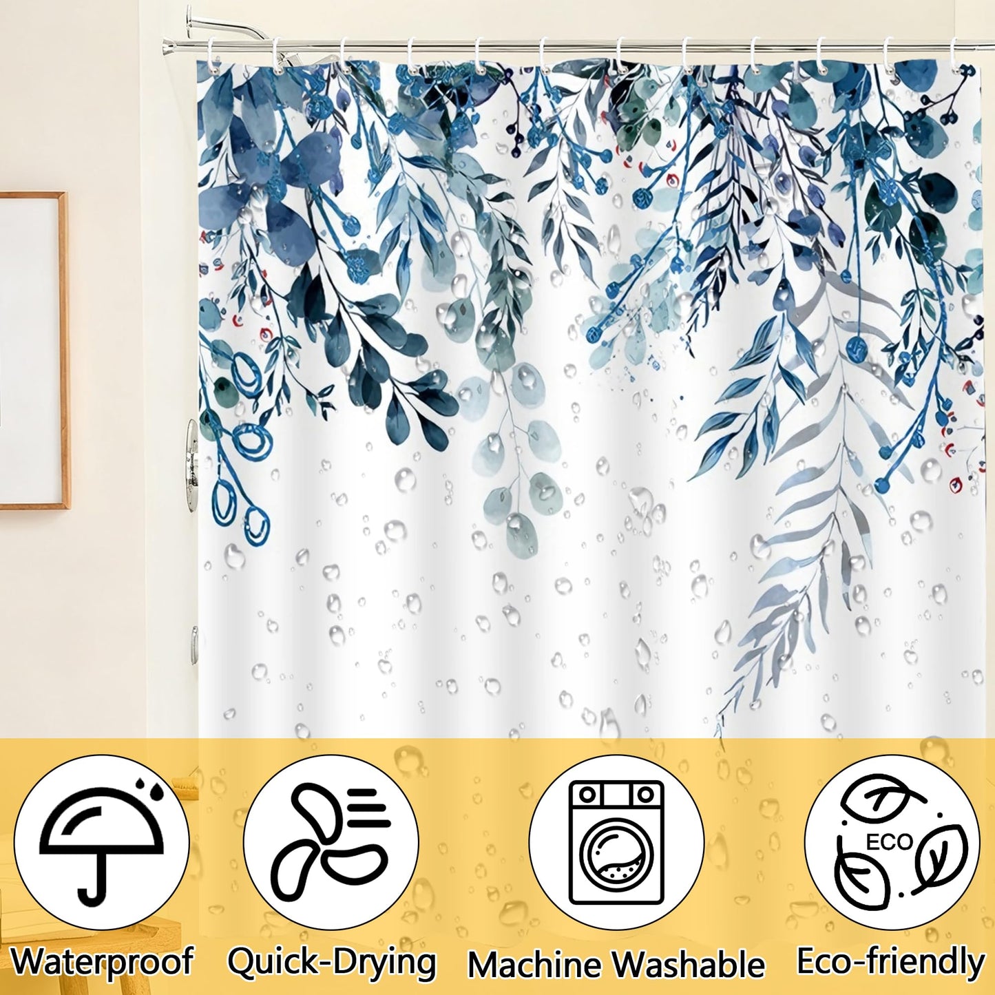 LOSYHU Shower Curtain, Mould Proof Shower Curtain for Bathroom, with 12 Hooks, 180 x 180 cm Waterproof Polyester Fabric Shower Curtains