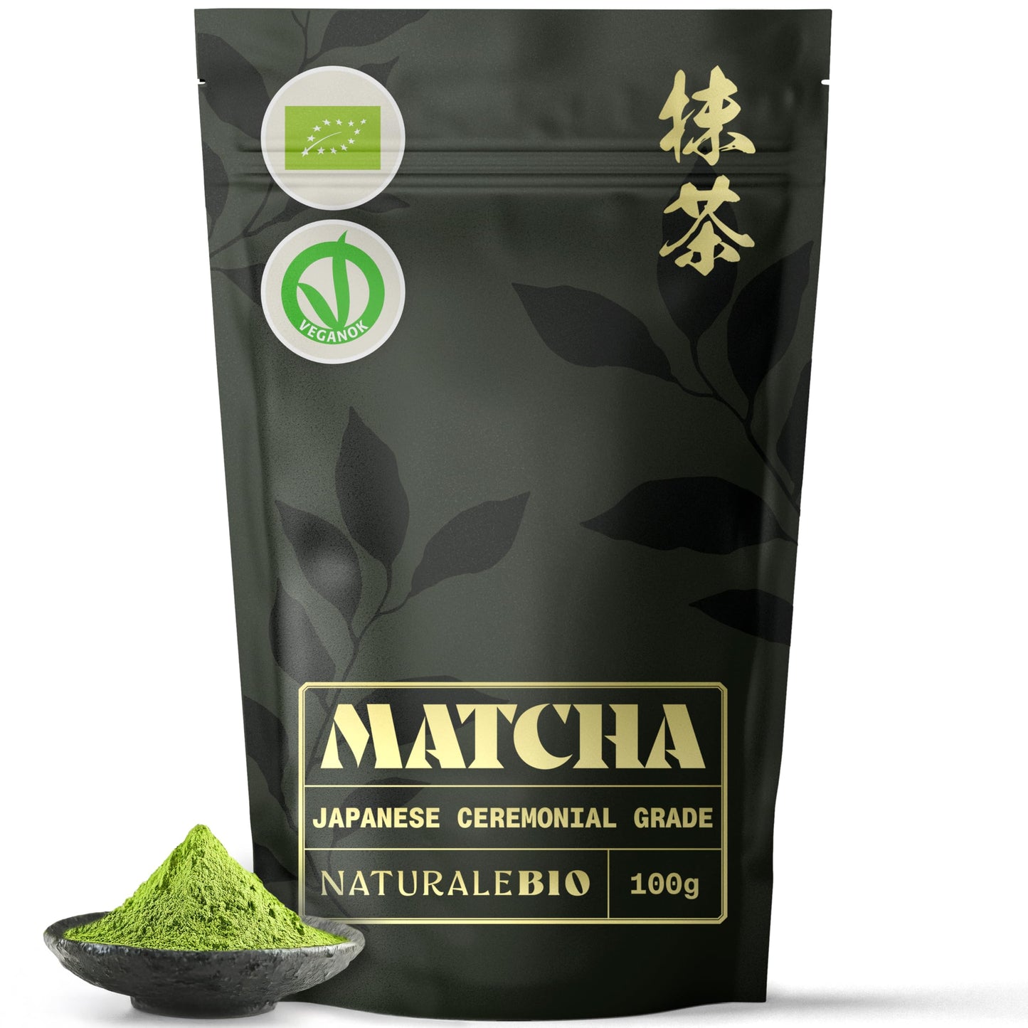 NaturaleBio Organic Ceremonial Grade Matcha Powder, 100g. From Uji, Kyoto for Traditional Japanese Tea Ceremony. Green Tea Free of Added Sugars and