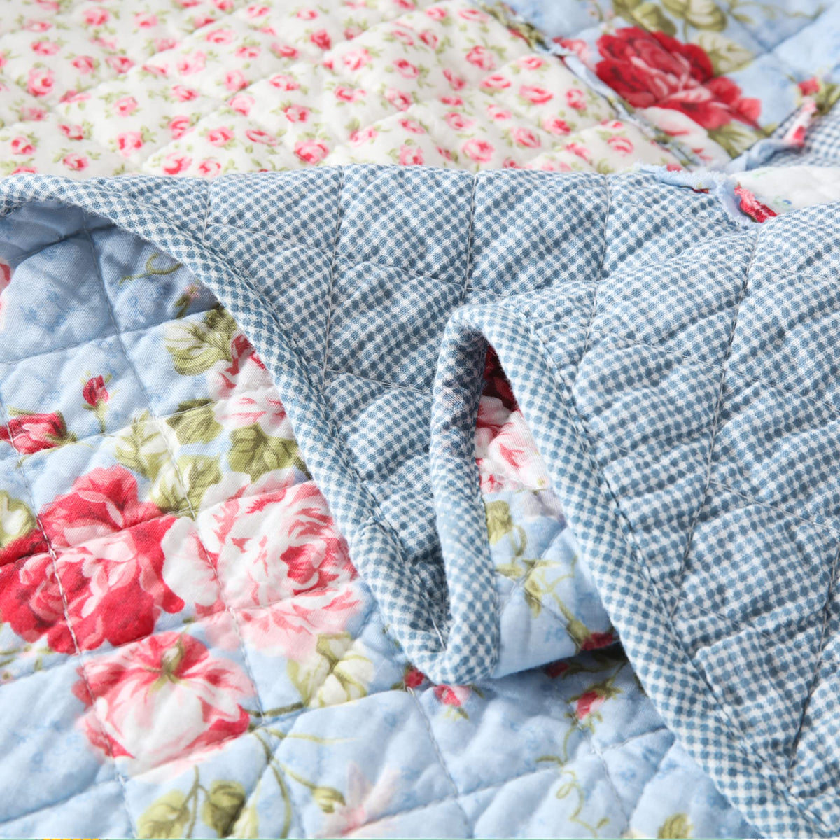 Qucover Single Bedspread Quilted Soft Cotton Blue Floral Patchwork Quilts, Quilted Blanket 150x200 cm