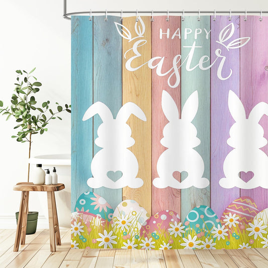 BREASOME Spring Easter Bunny Shower Curtain 180 x 180 cm Cute Rabbit Egg Floral Shower Curtain for Bathroom Decor Mould Proof Waterproof Polyester