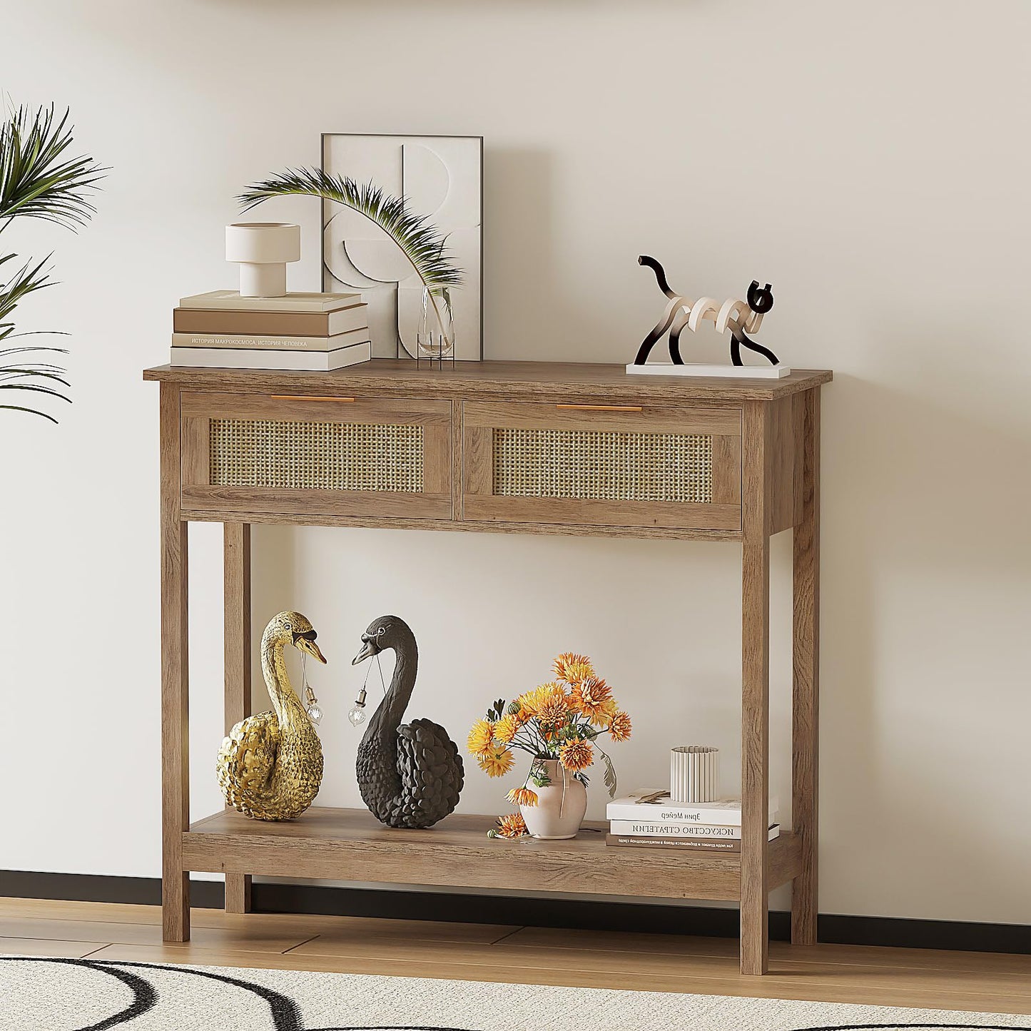 Trironsun Boho Rattan Console Table with 2 Drawers 2 Tier Entryway Table Farmhouse Wood Sofa Table with Open Storage Shelf for Living Room Hallway