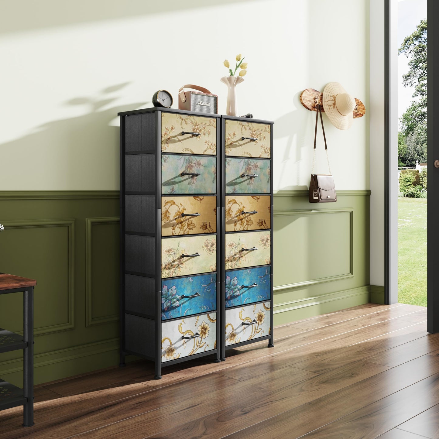 CAIYUN Chest of Drawers Bedroom with 6 Drawers, Tall Fabric Dressers with Flower Printing, Dresser for Entryway Hallway Living Room, Closet Storage