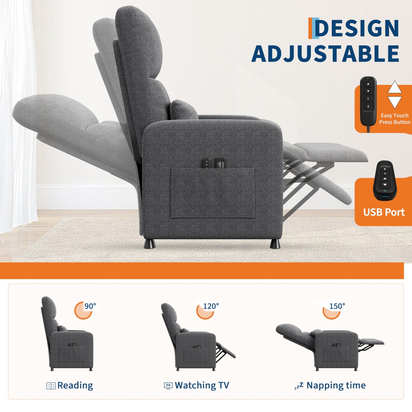 GarveeHome Recliner Chair Reclining Sofa with Massage & Heat(Grey)