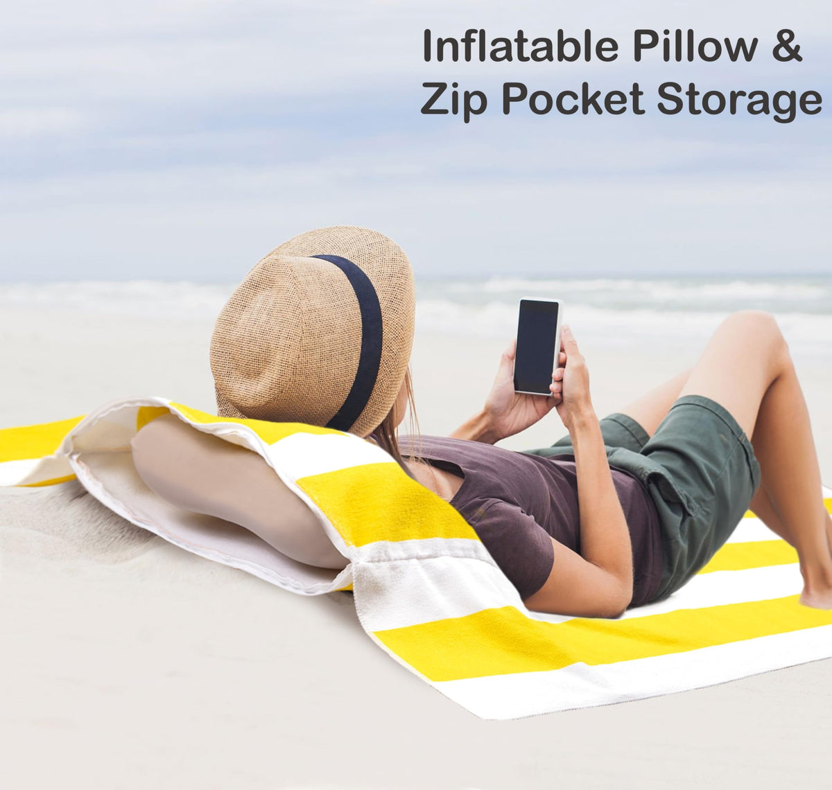 Olly & Rose Luxury Microfibre Extra Large Beach Towel with Zip Pocket and Inflatable Pillow and Reversible Pattern 100 x 200cm Yellow