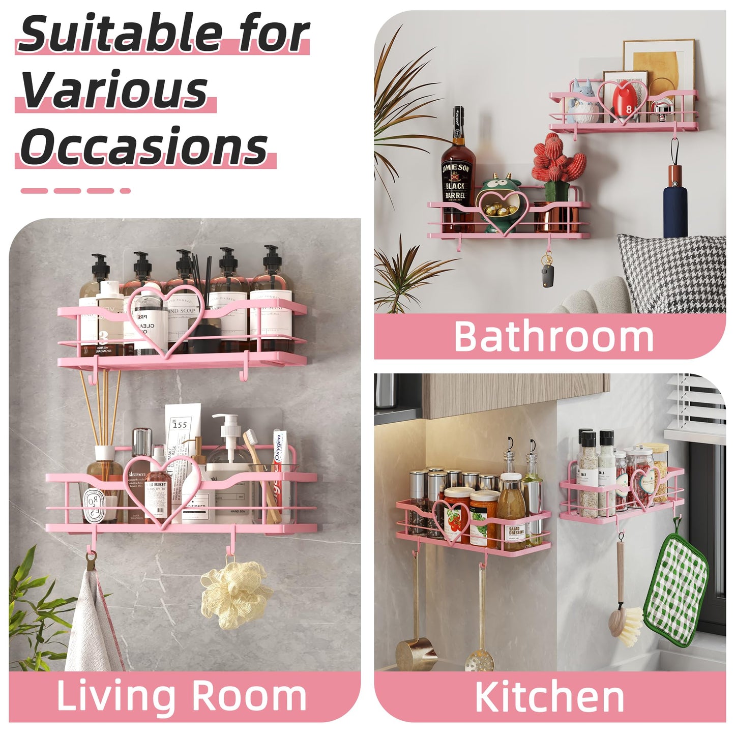 Pink Shower Caddy 2 Pack –No Drill Wall Mounted Suction Shelf for Bathroom