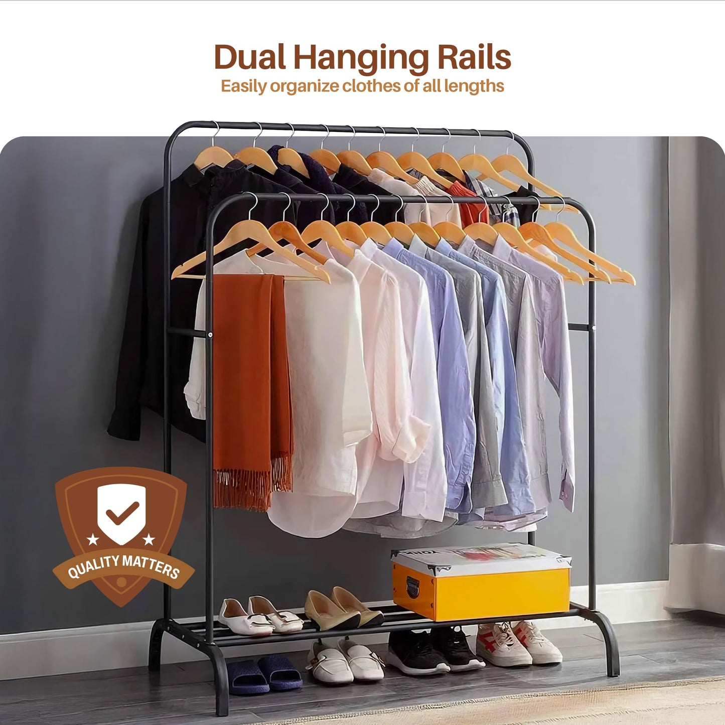 PORTENTUM Heavy duty clothes rail in steel – up to 35 kg – with double rail and shoe shelf – Clothing rack with non-slip feet