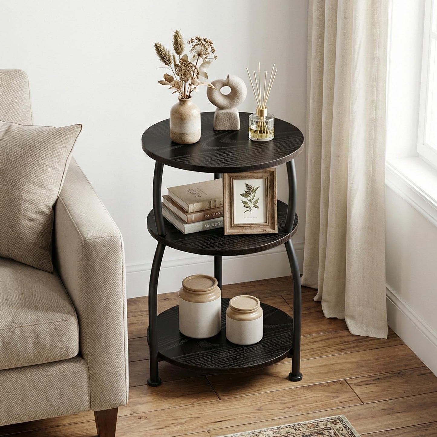 Yuede 3 Tier Side Table, Round Coffee Table, End Table with Storage Shelf, Bedside Table, for Living Room, Bedroom, Metal Frame, 40 x 61 cm, Black