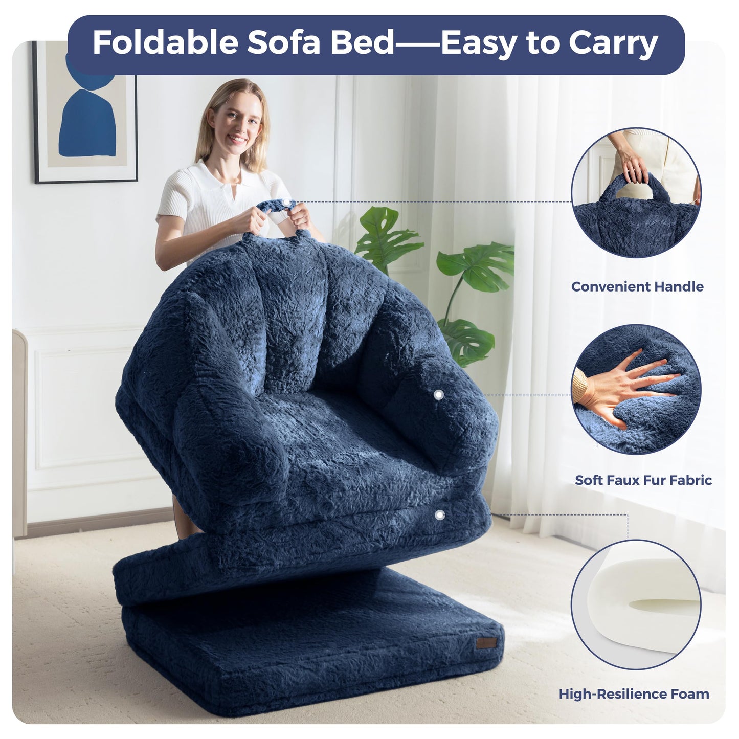MAXYOYO Single Sofa Bed, Folding Bean Bag Chair, Faux Fur Fabric