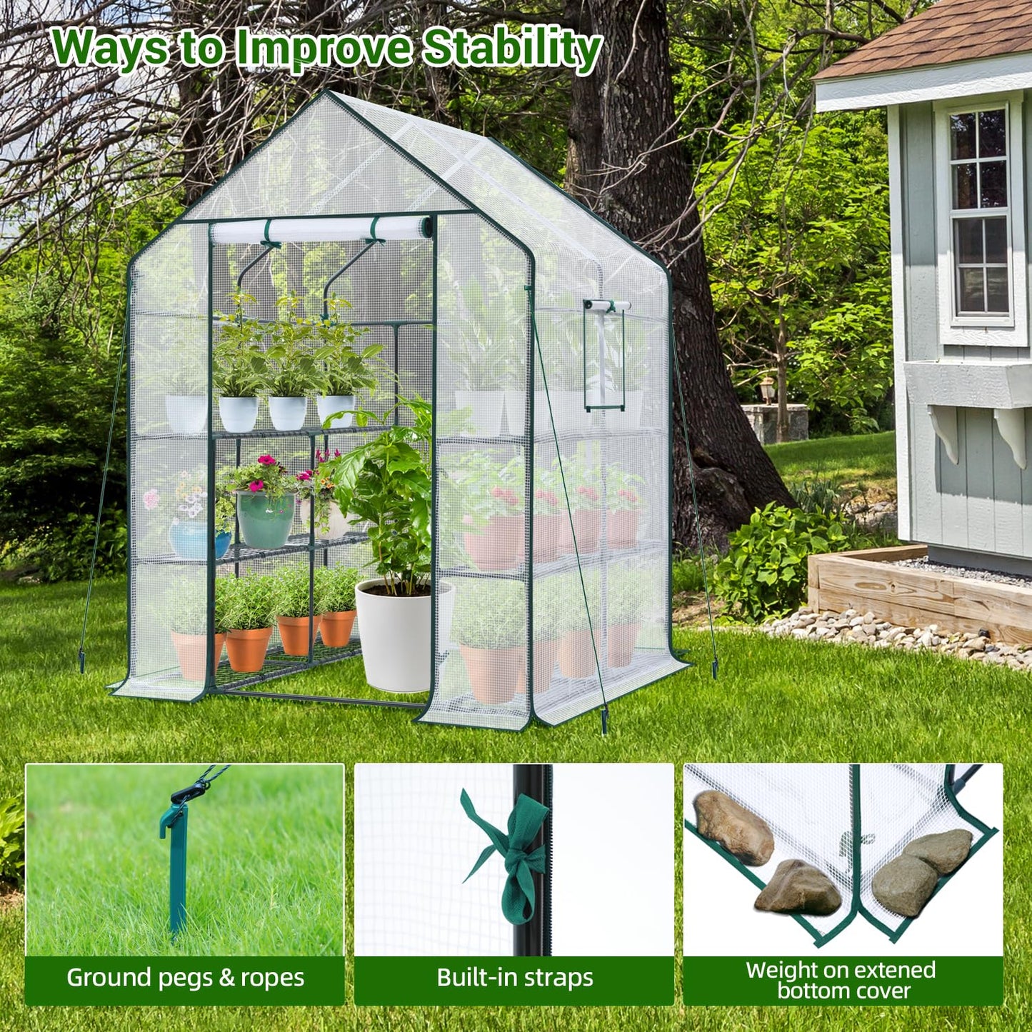 Ohuhu Plastic Greenhouse with Improved PE Cover, Portable Walk in Plant Green House, 3 Tiers 12 Shelves Stands Small Greenhouses Backyard Green Houses
