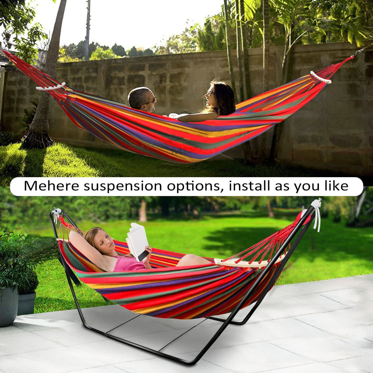 Hammock with Stand, Double Cotton Hammock with Spreader Bars, Space-Saving and Adjustable Steel Stand Perfect for Garden Camping Travel Backyard,