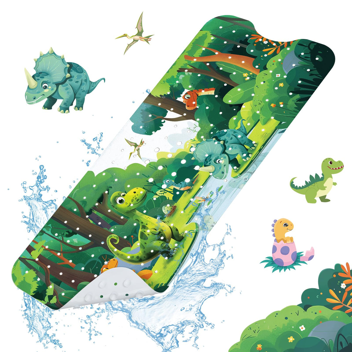 SHUCHING Green Dinosaurs Bath Mat Non Slip Kids, 100 X 40 cm Extra Long Baby Bathtub Mat Anti Slip, Boys Shower Mat Non Slip Anti Mould for Bathroom