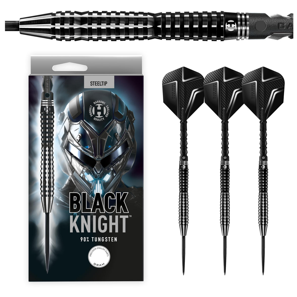 Harrows Black Knight 90% Tungsten Steel Tip Darts Set, 21g - 26g - Includes Black Carbon ST Midi Shafts & Micron Black Knight Flights (22g)