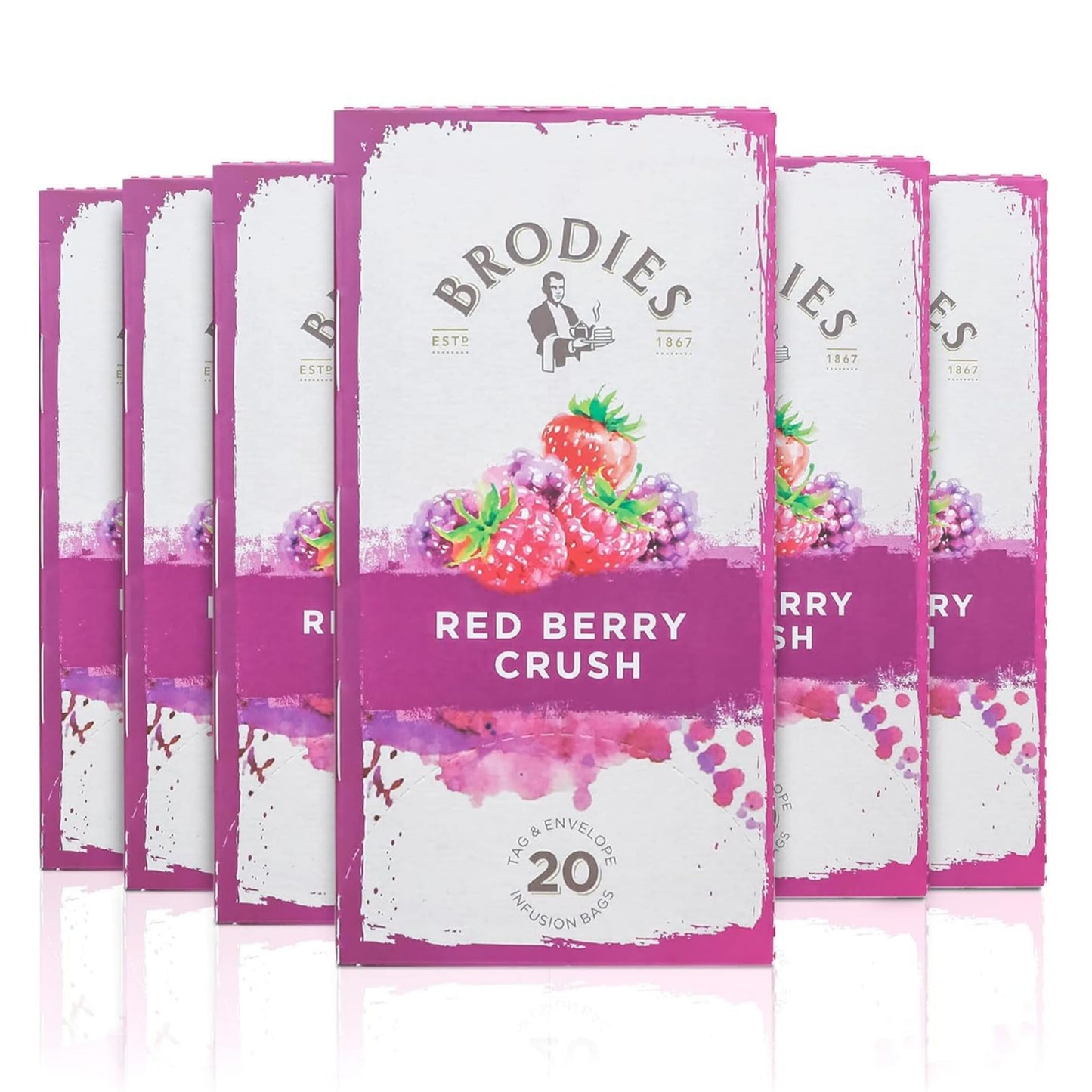 Brodies Red Berry Crush Tag and Envelope - 6 Tea Boxes of 20 Tea Bags each (120 Tea Bags) - A mix of Berries and Fruits for an Infusion with a superb