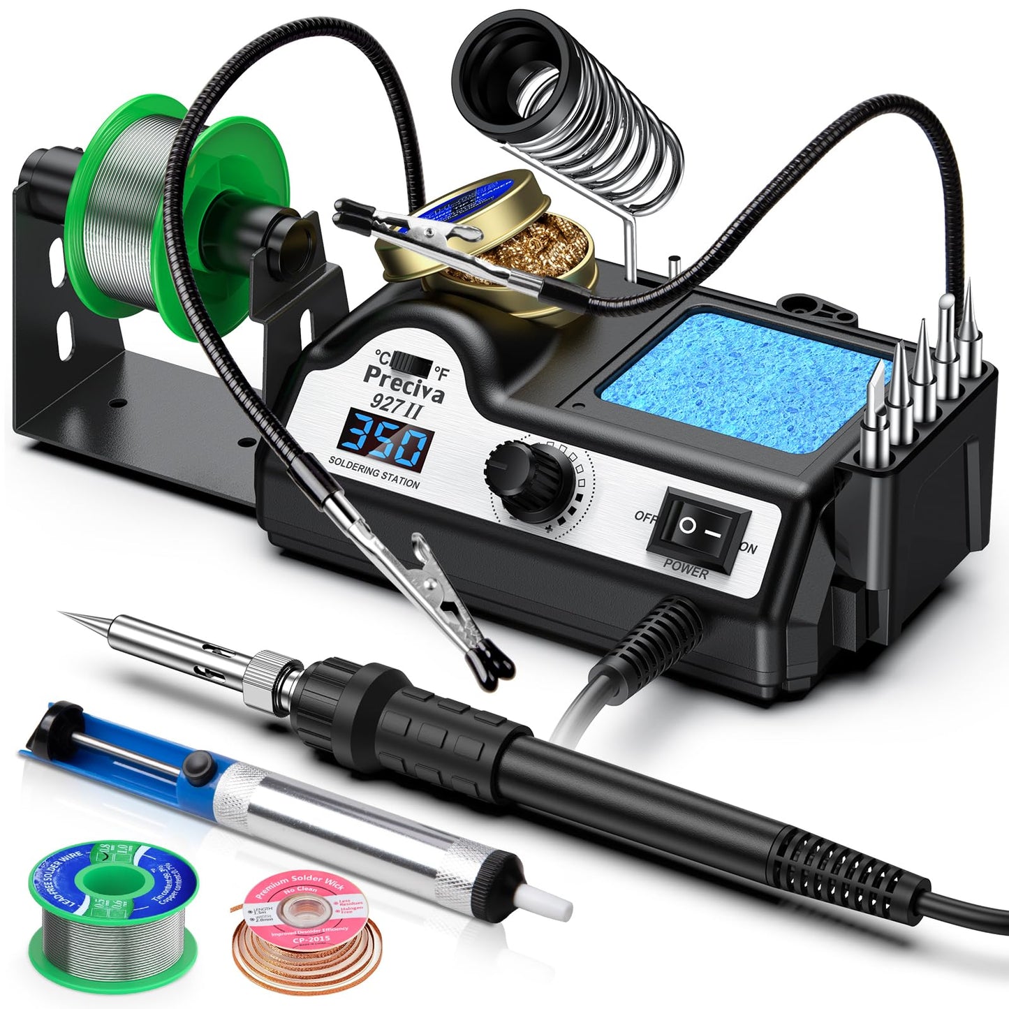 Soldering Iron Kit, Preciva 927II Welding Station Set with 2 Helping Hands, 90-480? Temp Adjustable, 60W LCD Solder Station with 5 Tips, ?/? Buttons,