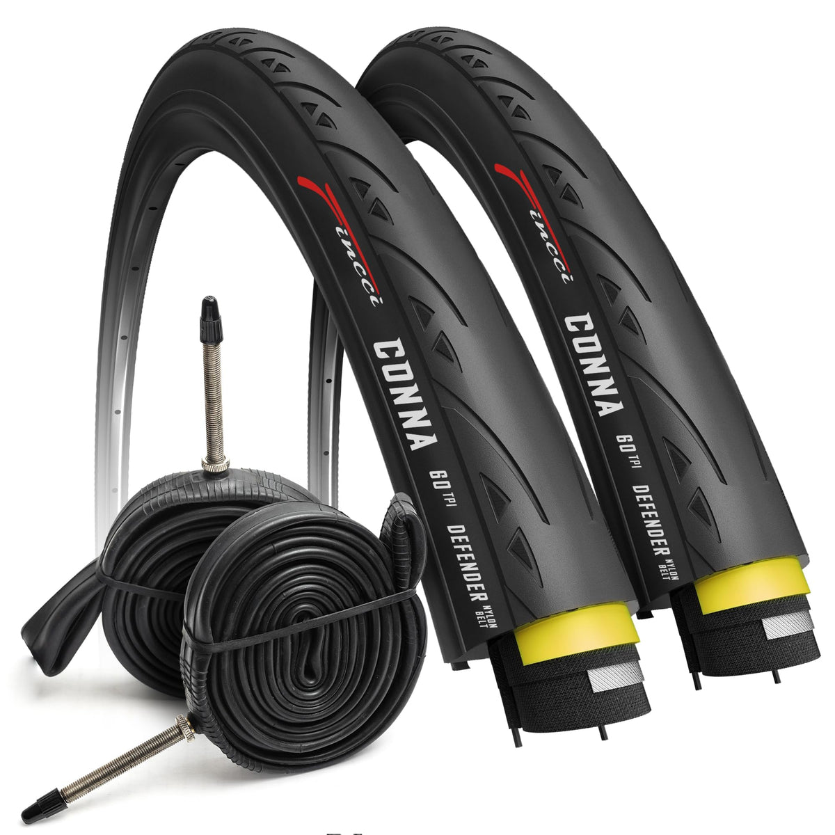 Fincci Racing Bike Tyres 700 x 23c - Set of Slick Foldable Tires 28 inch with 1mm Nylon Protection and 2x Inner Tube 23-622 Presta Valve - 60 TPI for