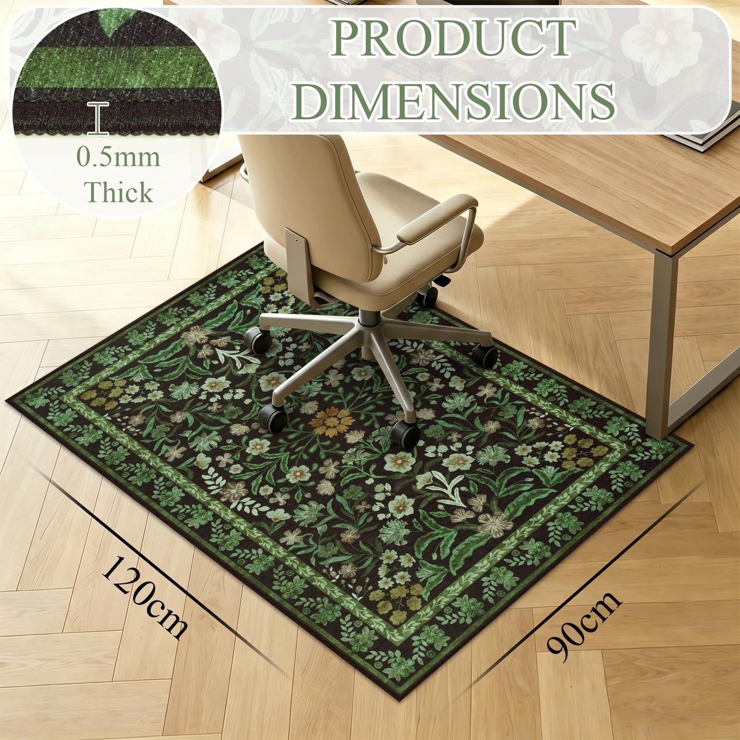 Edlbaegy Office Chair Mat for Hardwood Floor 90x120cm Green Non Slip Floor Protector for Office Chair Low Pile Chair Mats for Rolling Chair