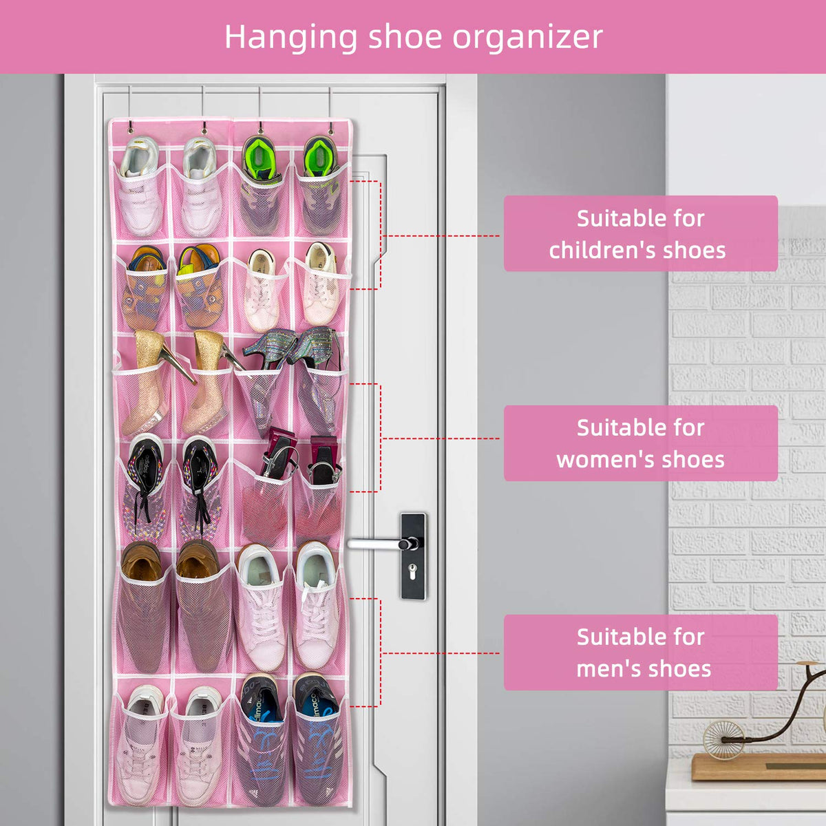 SAVERHO Hanging Shoe Organizer, Over The Door Shoe Organizer with 24 Breathable Mesh Pockets for Men Women Kids Hanging Shoe Storage Rack Organizer