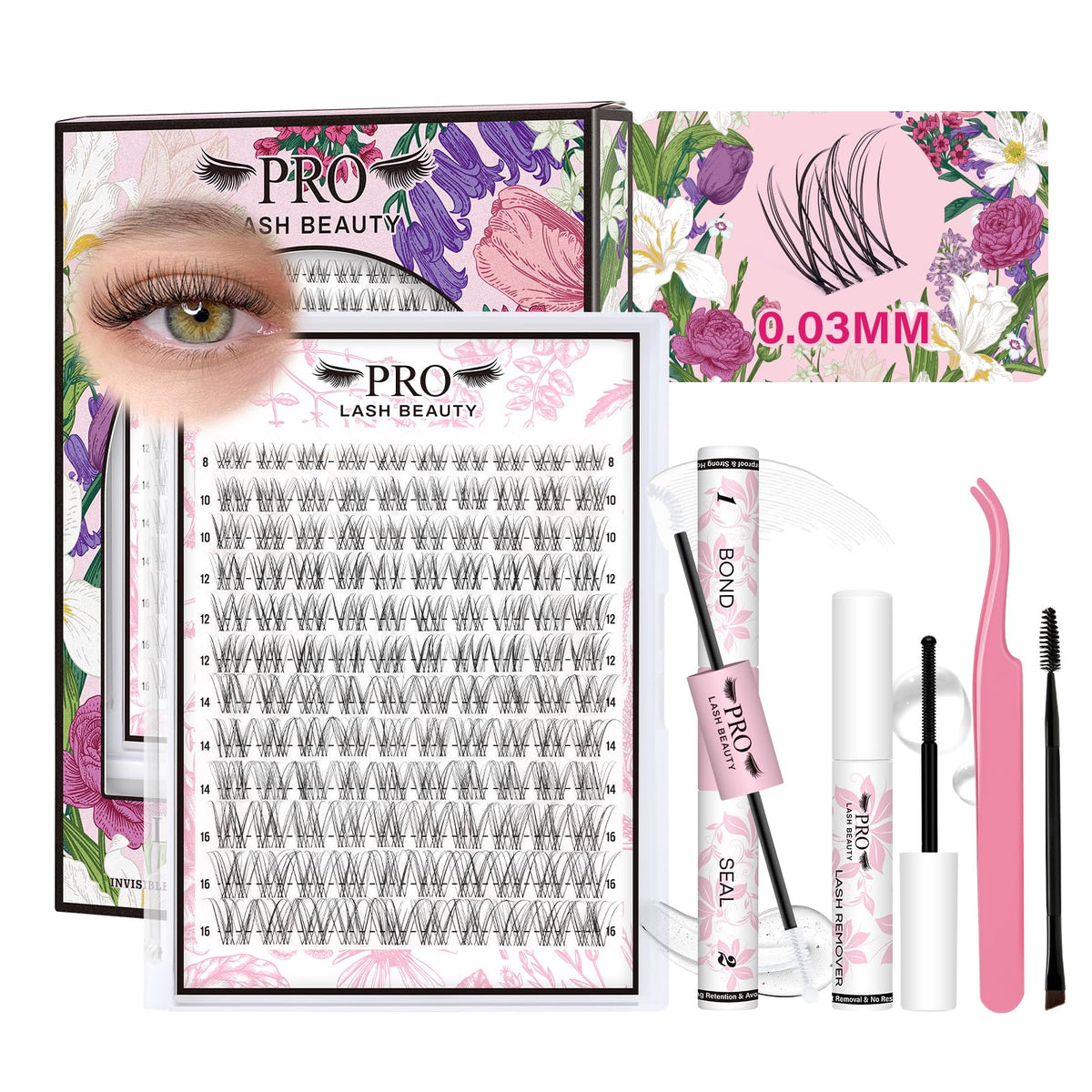 Cluster Lashes Kit Natural Lashes Soft Cluster Lashes 8-16mm Eyelashes Individual Kit with Waterproof Lash Bond and Seal and Applictor Lash Remover