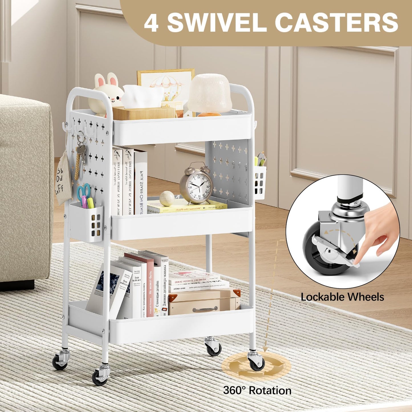 KINGRACK 3-Tier Rolling Cart with DIY Hanging Board, Metal Utility Cart with Wheels, Handles, Baskets & Hooks, Storage Organizer for Bathroom