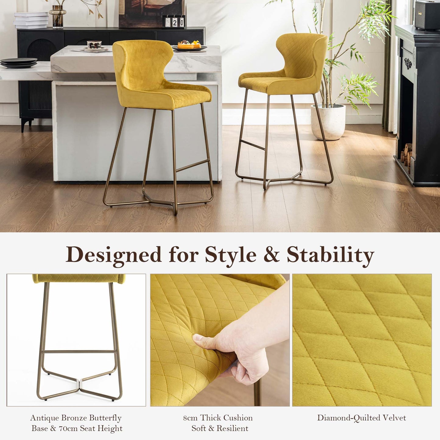 younturn Modern Velvet Bar Stools Set of 2, 70cm Seat Height Barstools with Quilted Backrest, Gold Metal Legs and Footrest, Stools for Kitchen Island