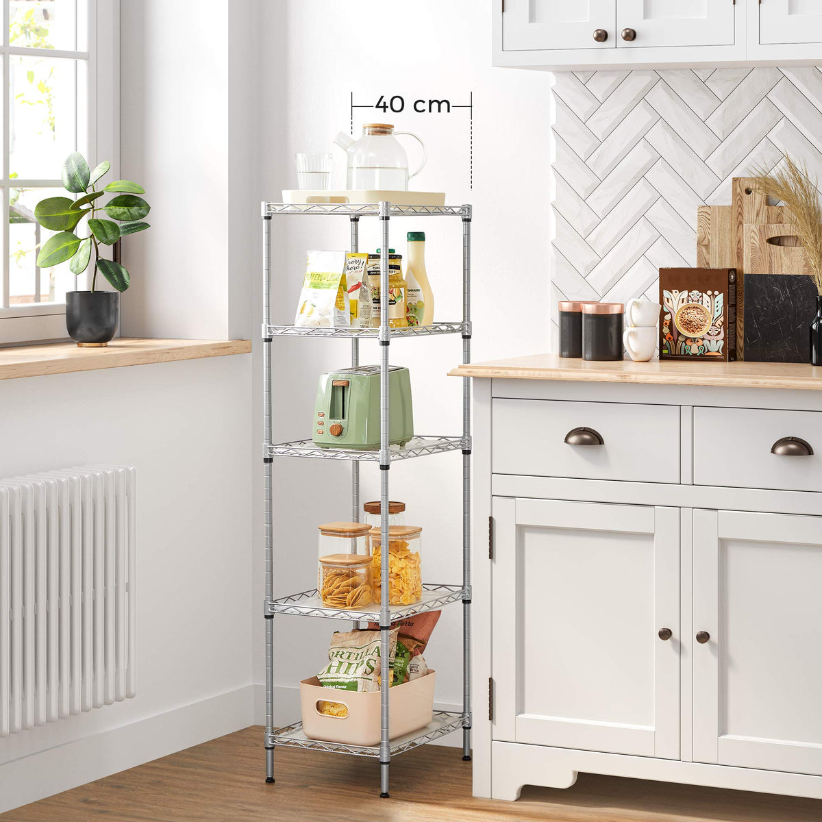 SONGMICS Kitchen Shelf, 5 Tier Thin Storage Shelf, 8 Hooks, Bathroom Cabinet, Plastic Board, Height-Adjustable, Metal, for Kitchen, Silver LGR115E01