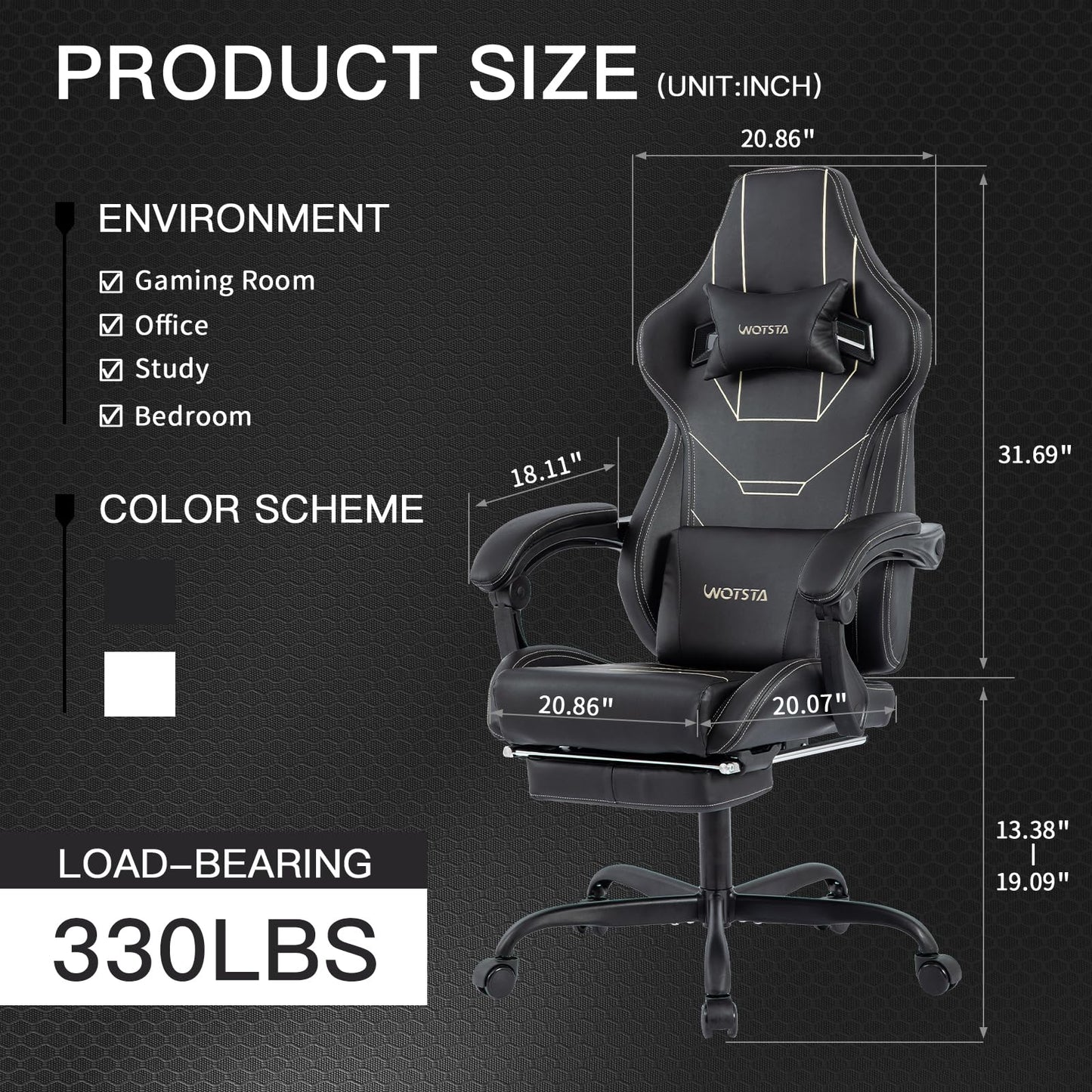WOTSTA Gaming Chair, Ergonomic Gaming Chair, Computer Chair with Headrest and Lumbar, Racing Computer Chairs, Height Adjustable Rotating PC Chairs