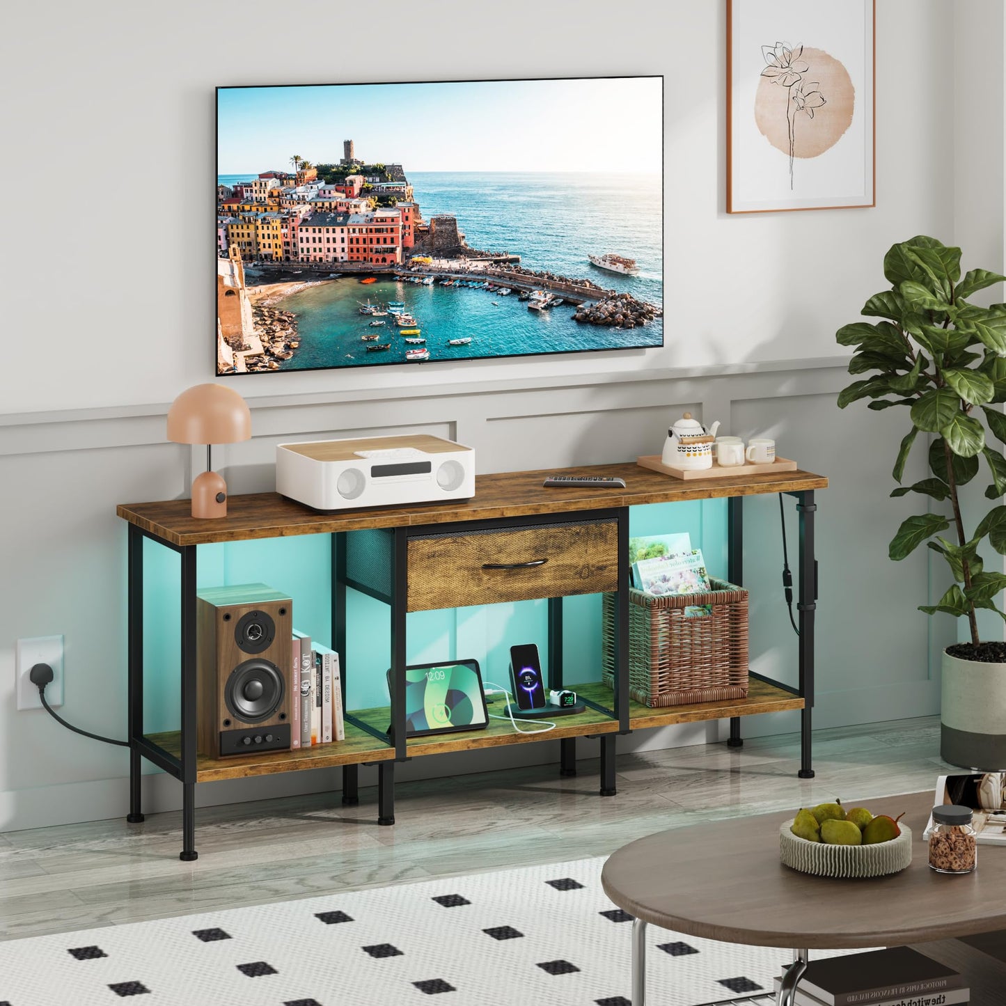 OYRREU TV Stand Cabinet LED for 55 50 Inch, TV Unit with Socket, USB Slots