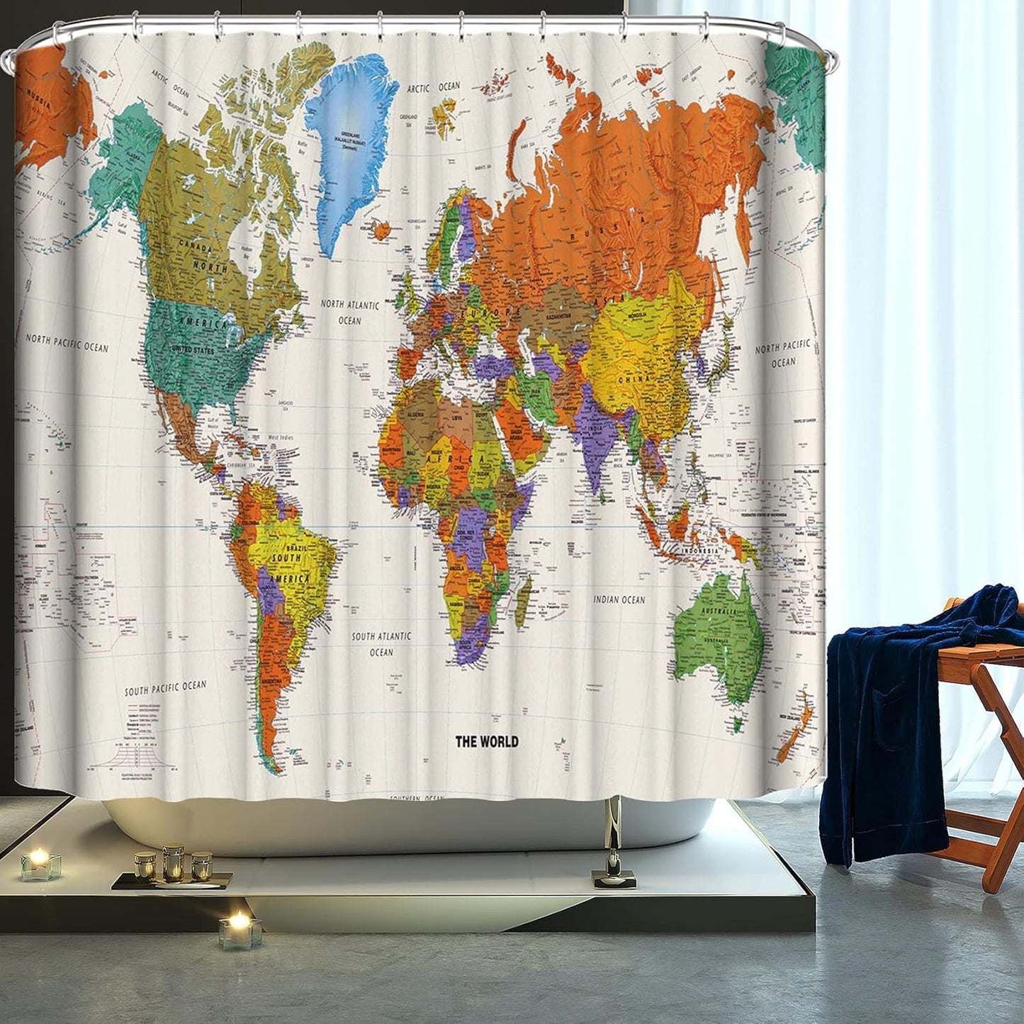 LIVETTY World Map Bathroom Shower Curtains Fabric Shower Curtain Waterproof Curtains for Bathroom Quick-Drying Kitchen Curtains Machine Washable with