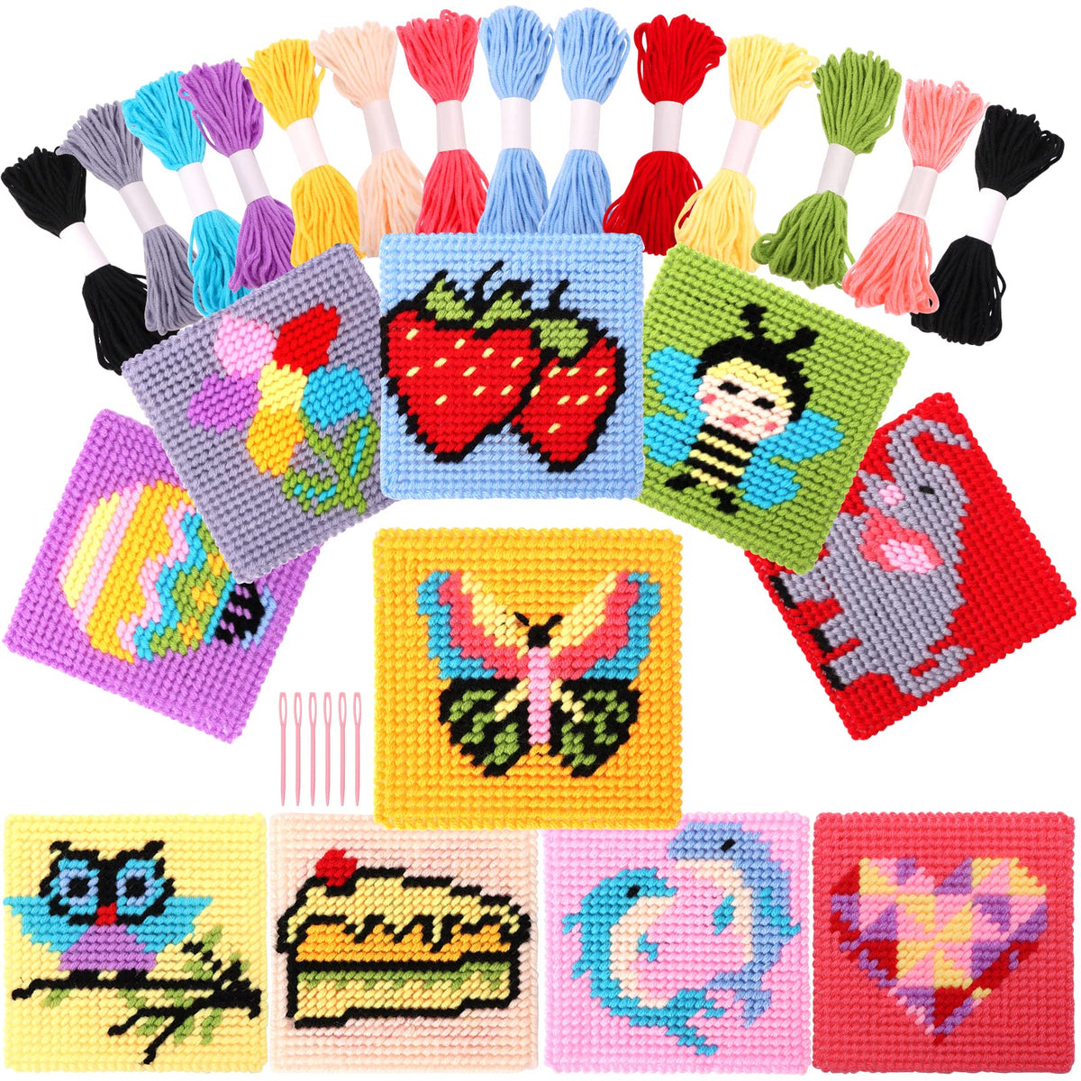 Pllieay 10-in-1 Cross Stitch Beginner Kit for Kids, Includes Instruction of 10 Different Patterns, 10 Blank Plastic Canvas for Needlework, and 14