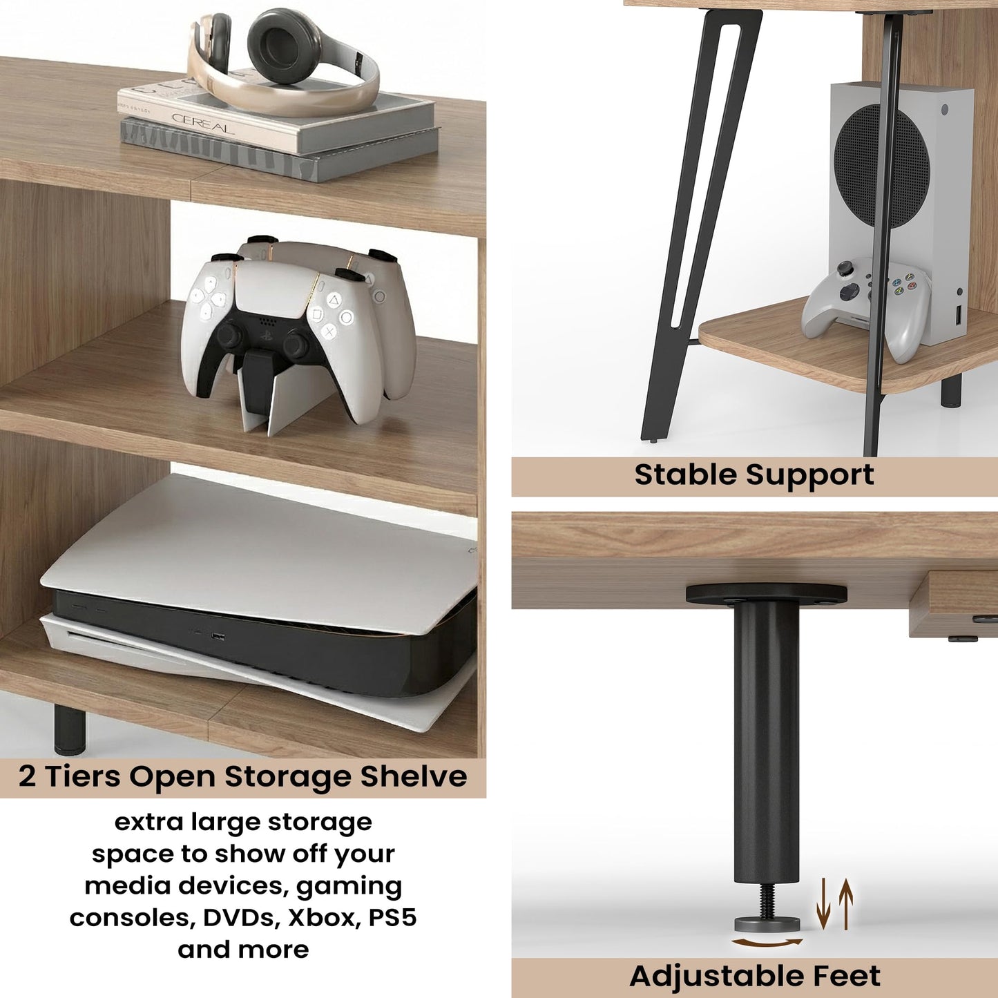 Manora Curved Metal Frame TV Stand with 2-Tier Middle Storage Compartment (Bright brown)