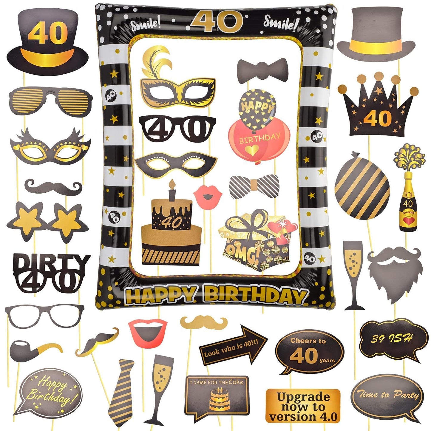 AIBAOBAO 35Pcs 40th Birthday Decorations Men Women, Black Gold Inflatable Selfie Frame & Photo Booth Props, Giant Inflatable Party Photo Booth Frame
