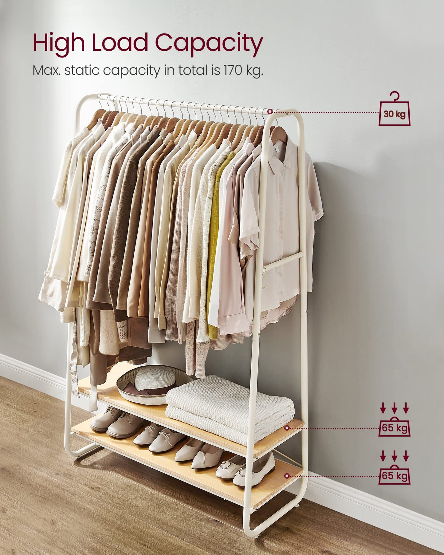 VASAGLE Clothes Rail, Clothes Rack with 2 Shelves, 6 S-Shaped Hooks, Steel Frame, for Bedroom, Oak and Cream White RGR112W09