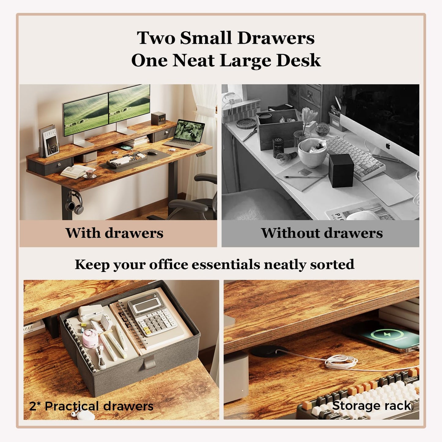 Klicelor Electric Height Adjustable Desk, with 2 Fabric Drawers, 100x60cm