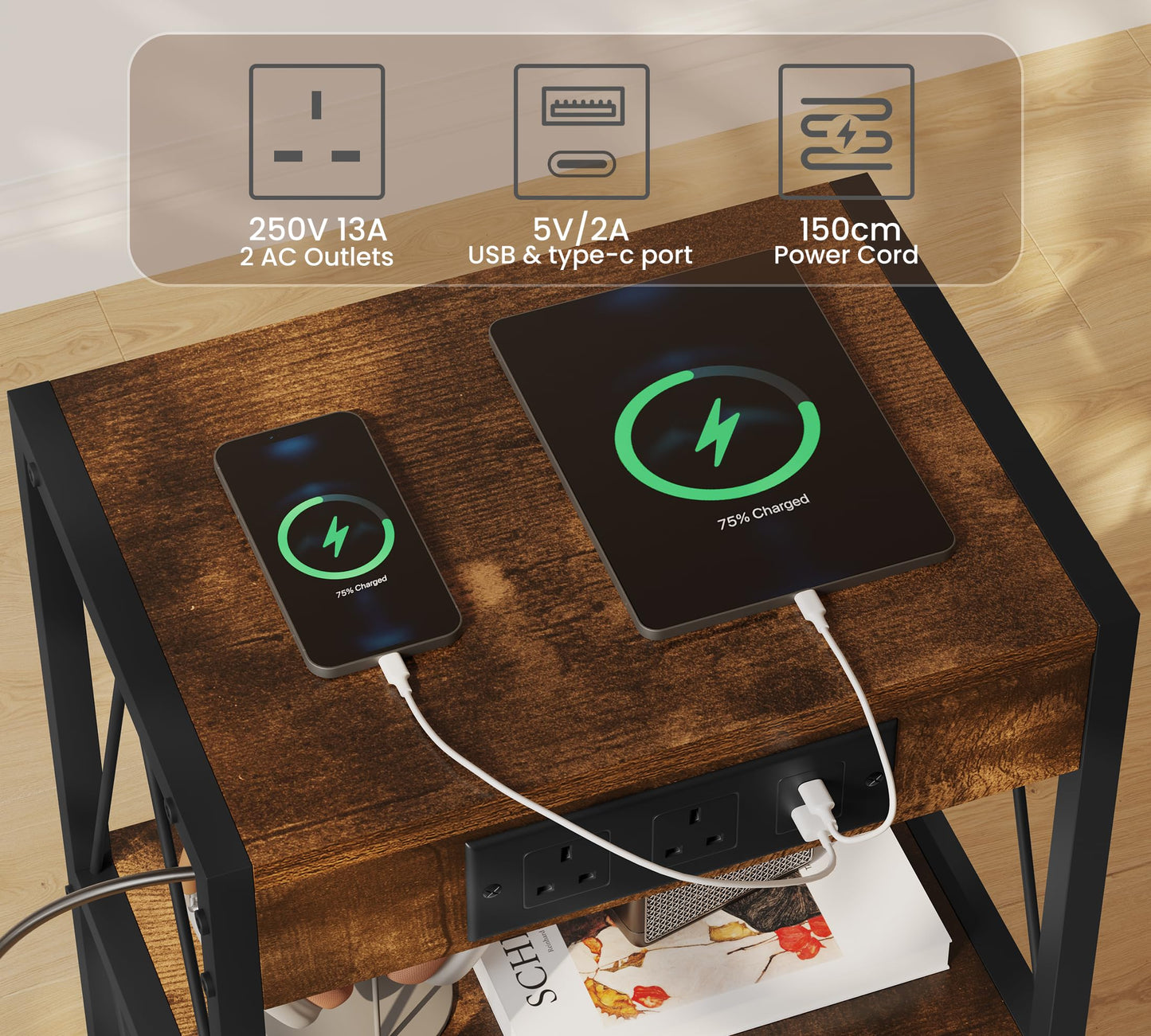 HFHOME Record Player Stand with Charging Station, 3 Tier End Table with Vinyl Record Storage, Record Player Table with Storage