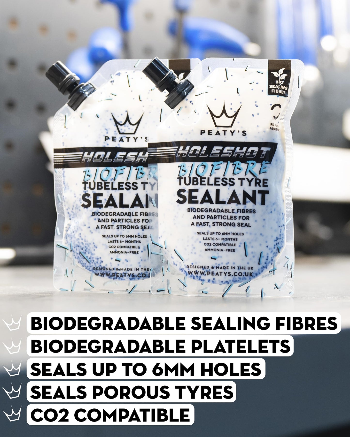 Peaty's Tubeless Wheel Conversion Kit - XC & Trail - 25mm Tape / 42mm Valves / 2x 120ml Holeshot Biofibre Sealant Pouch,Black