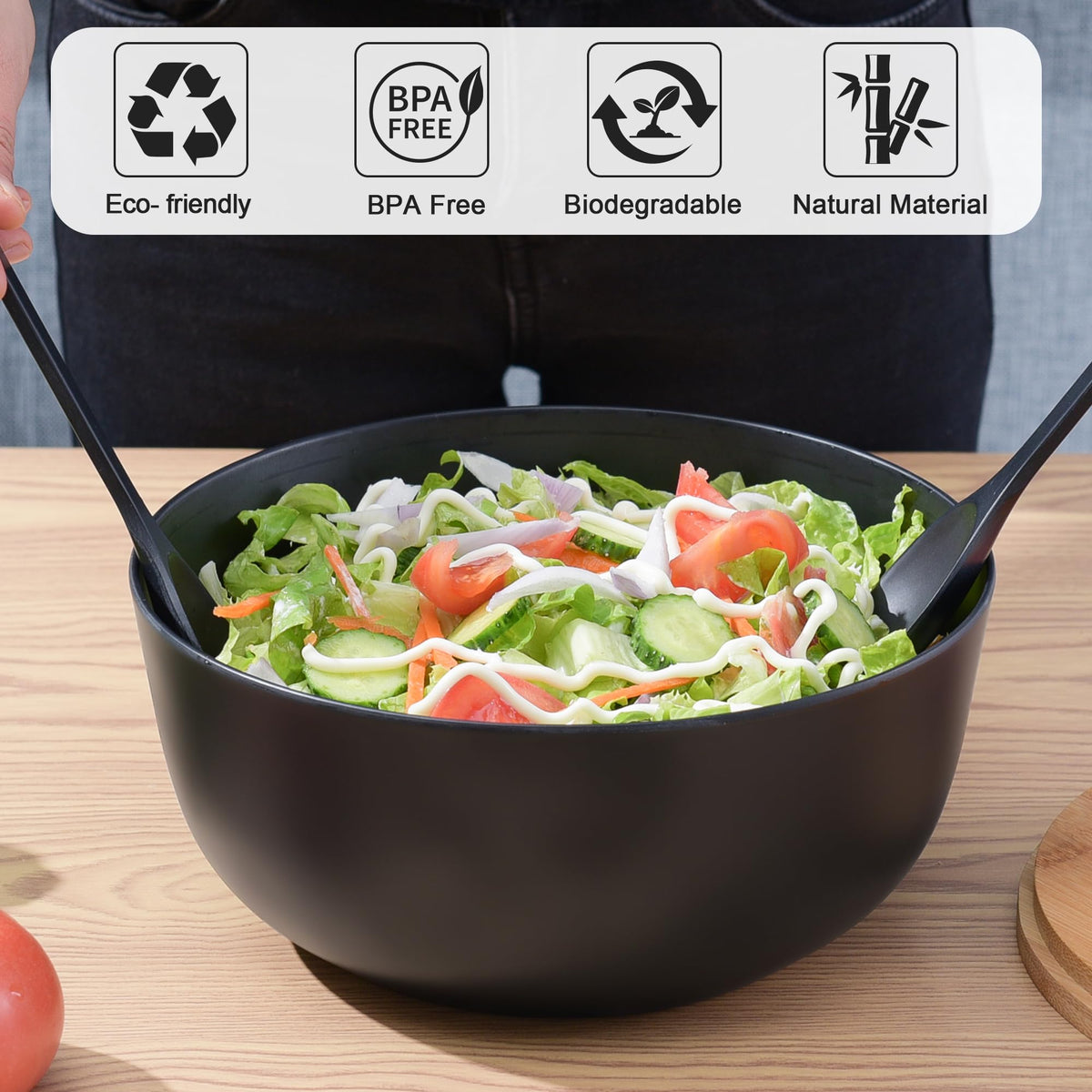 GEHE Salad Bowl with Servers Set - Large 9.8 inches Mixing Bowls Solid Bamboo Salad Wooden Bowl with Bamboo Lid Spoon for Fruits,Salads and Decoration