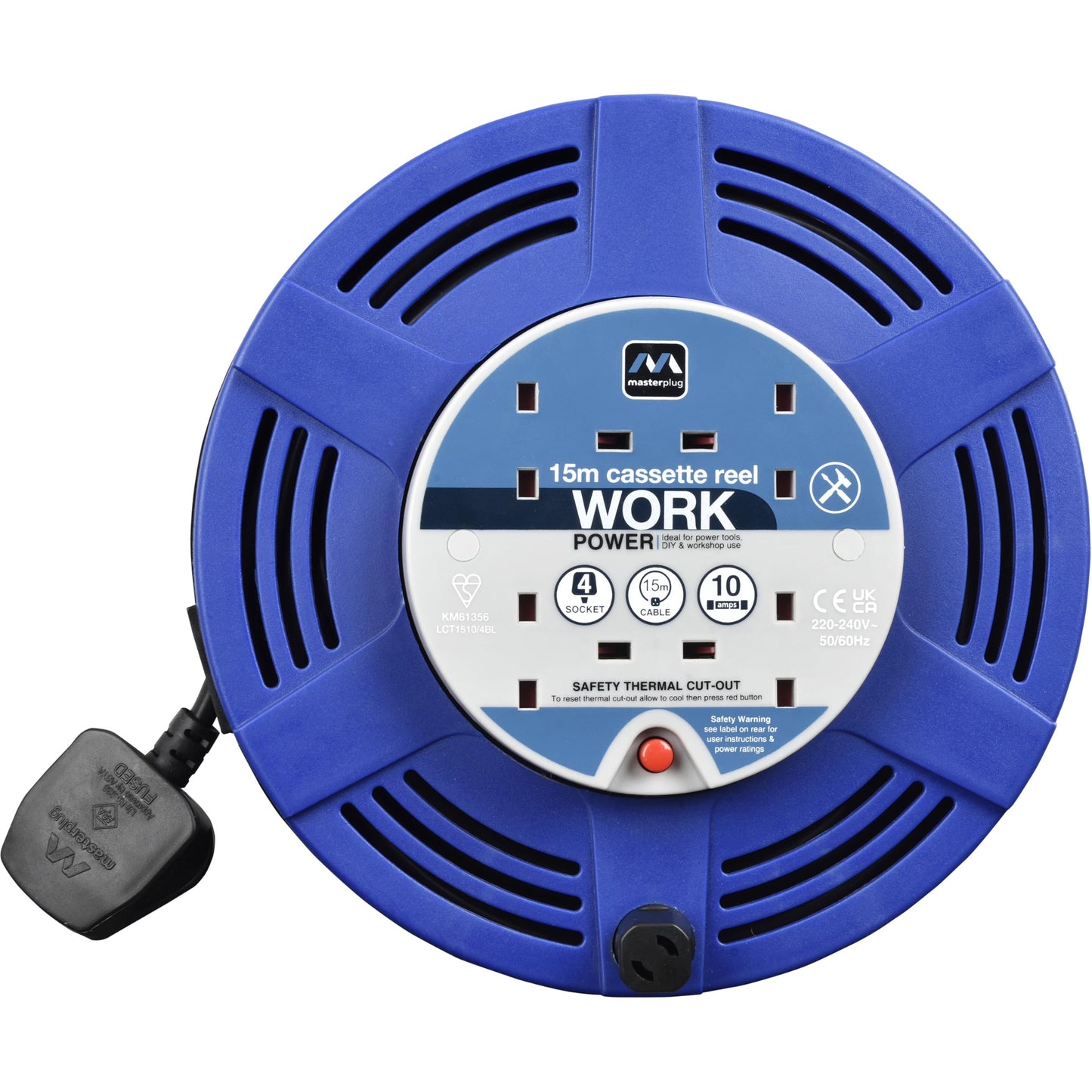 Masterplug Four Socket 15 Metre Cassette Reel, Large Extension Lead Cable Reel, Wind-Up Retractable Power Cord Reel, Thermal Cut Out, Work Power,