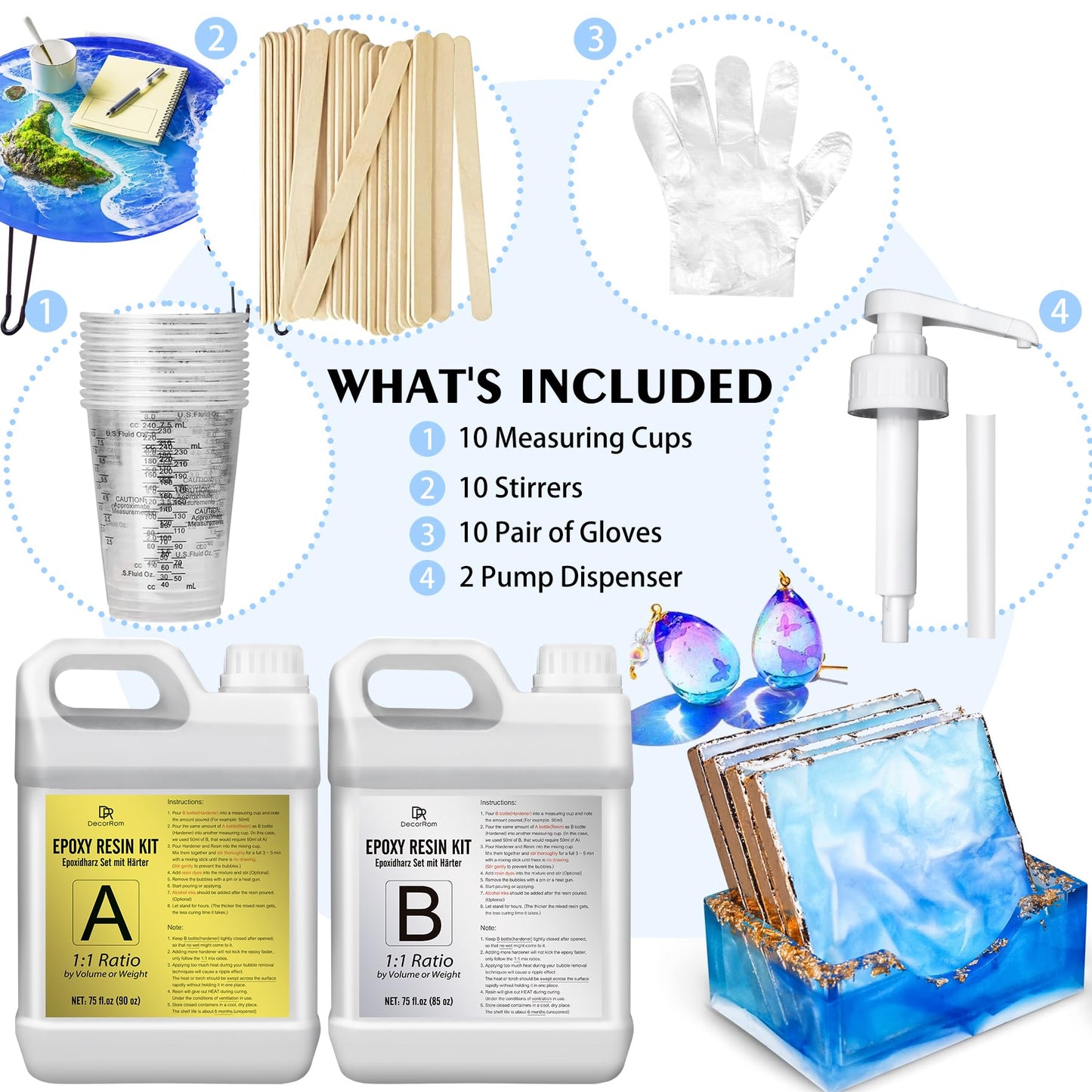Epoxy Resin Kit - 4.4L / 175oz Crystal Clear Self-Leveling Epoxy Resin with Pump for DIY Resin Art, Table Top, Jewelry Making - 1:1 Ratio Bubbles Free
