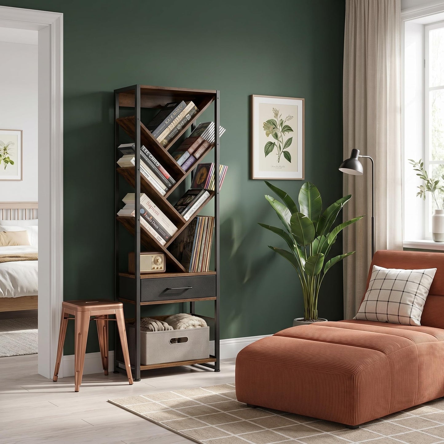 ruboka Tree Bookshelf with Side Table, Tall Bookcase with Storage Cabinet, Floor Standing Modern Narrow Bookshelves Organizer for Bedroom/Living