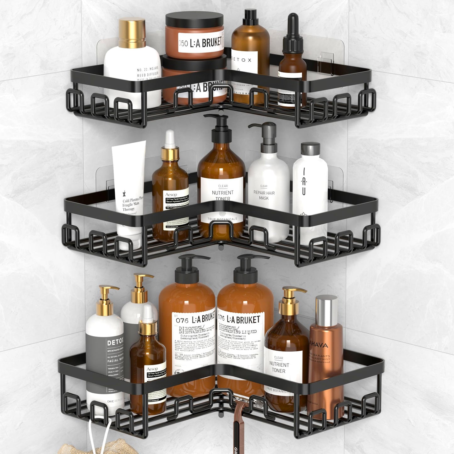 Kegii 3-Piece Corner Shower Caddy - Black Corner Shower Shelf Self Adhesive Bathroom Shelf Stainless Steel Bathroom Shampoo Holders